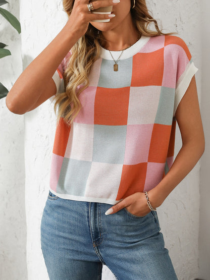 Mandy Checkered Round Neck Cap Sleeve Knit Top-Angel Casuals