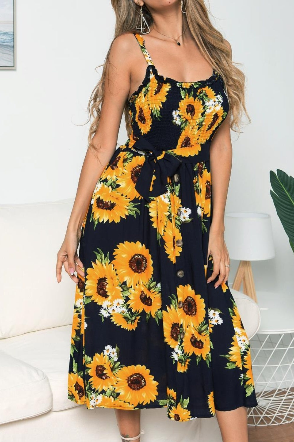 Smocked Sunflower Printed Sleeveless Cami Dress-Angel Casuals