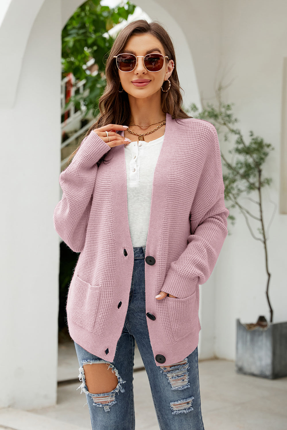 Button Up Drop Shoulder Long Sleeve Cardigan-Angel Casuals