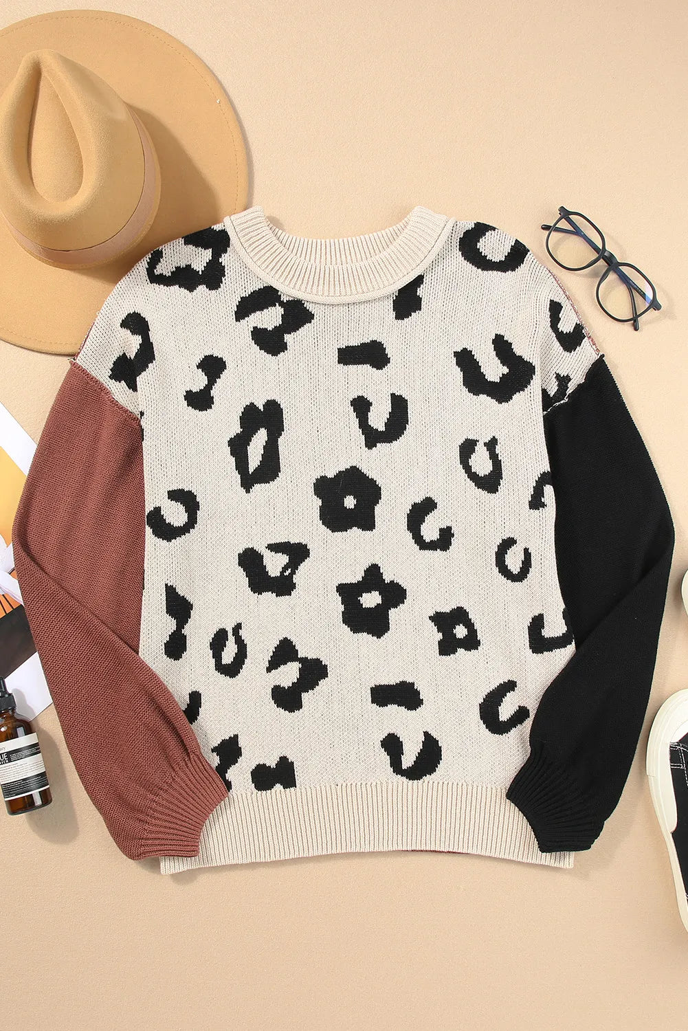 Leopard Round Neck Long Sleeve Sweater-Angel Casuals