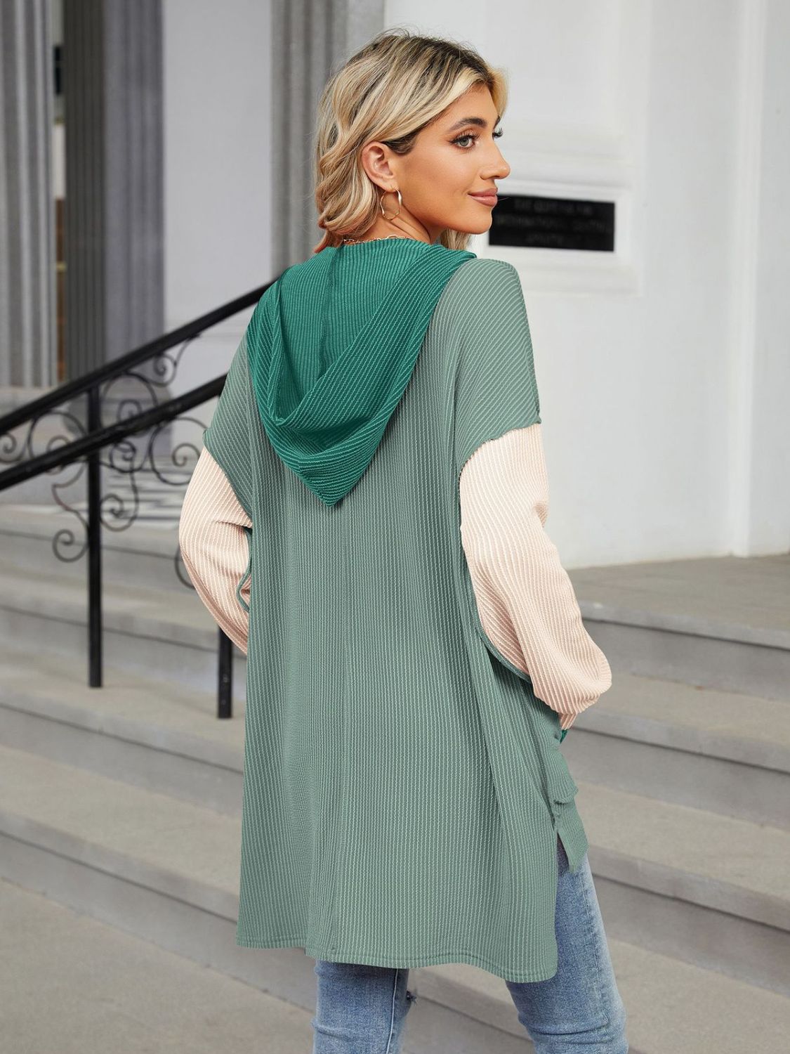 Double Take Contrast Hooded Long Sleeve Top-Angel Casuals