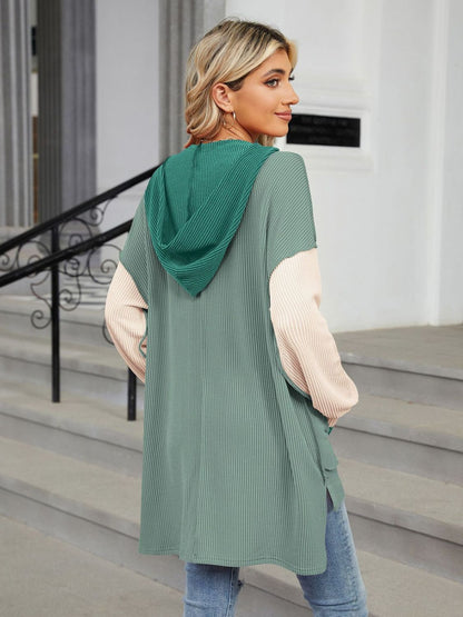 Double Take Contrast Hooded Long Sleeve Top-Angel Casuals