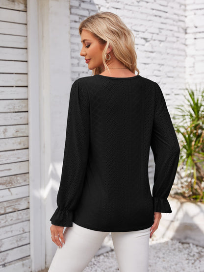 Applique V-Neck Flounce Sleeve T-Shirt-Angel Casuals