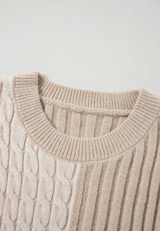 Cable-Knit Color Block Round Neck Sweater-Angel Casuals