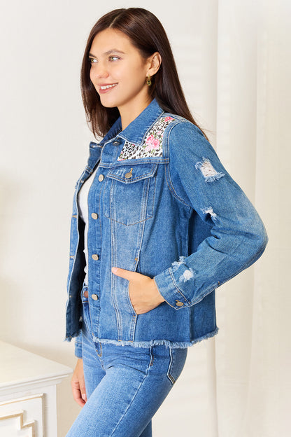 Baeful Leopard Floral Distressed Raw Hem Denim Jacket-Angel Casuals