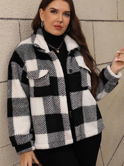 Plus Size Pocketed Plaid Collared Neck Jacket-Angel Casuals