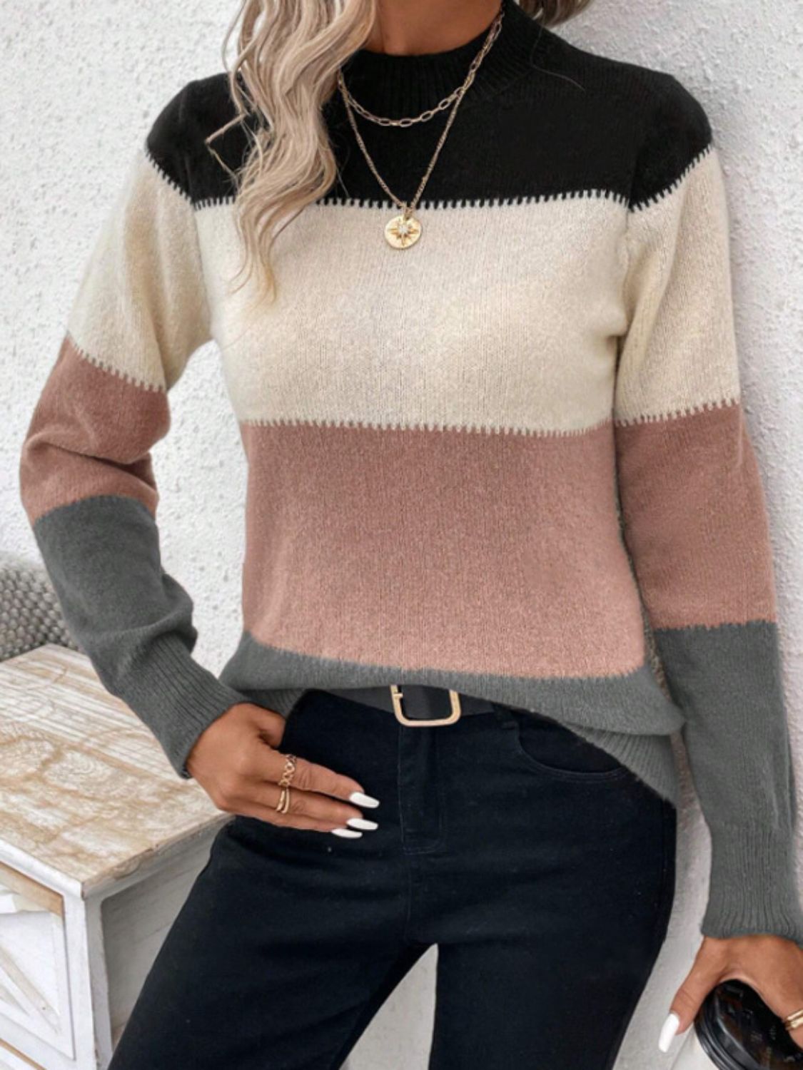 Color Block Mock Neck Long Sleeve Sweater-Angel Casuals