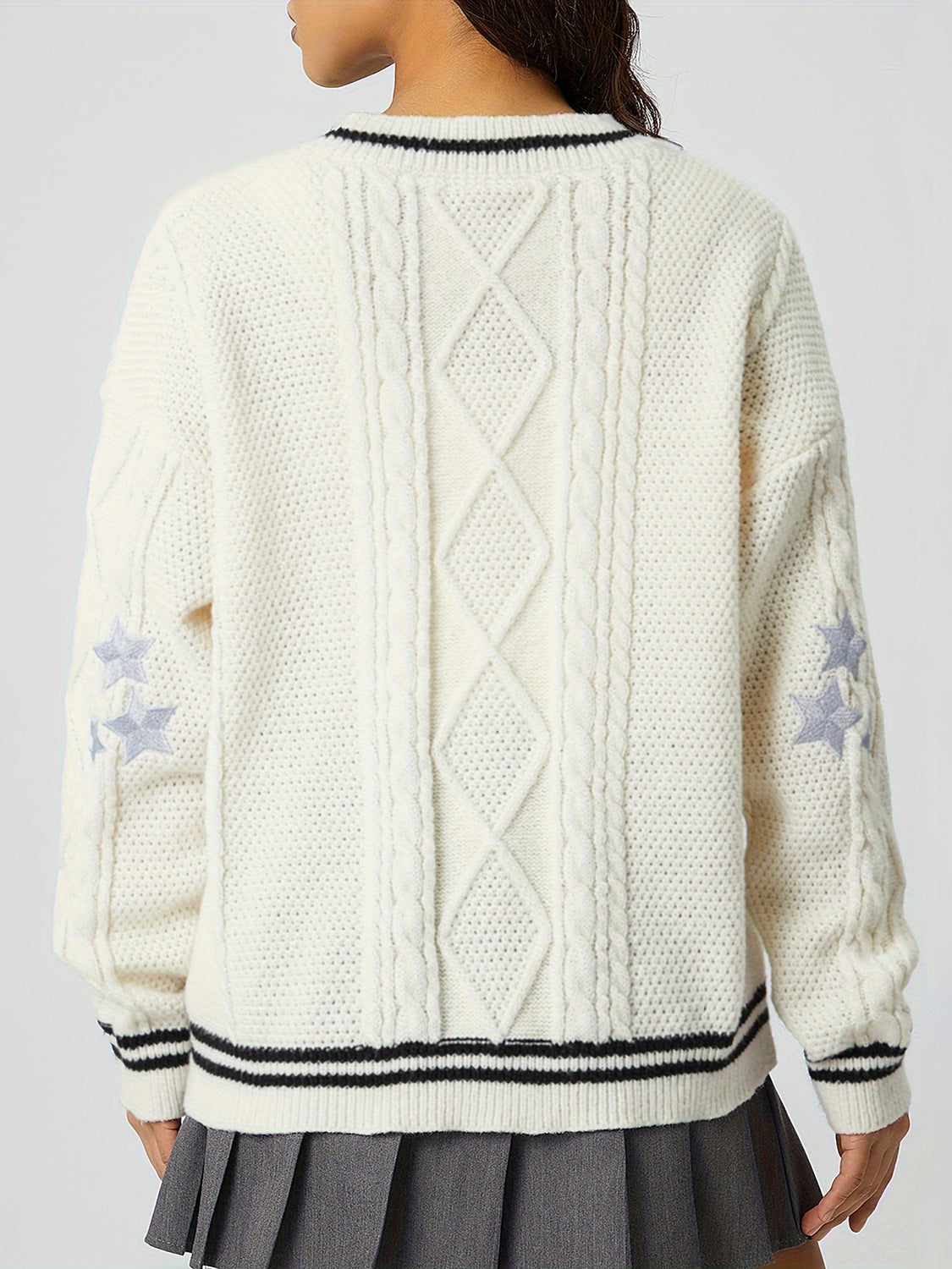 Star Embroidered V-Neck Long Sleeve Cardigan-Angel Casuals