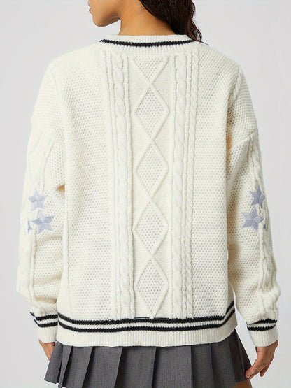 Star Embroidered V-Neck Long Sleeve Cardigan-Angel Casuals