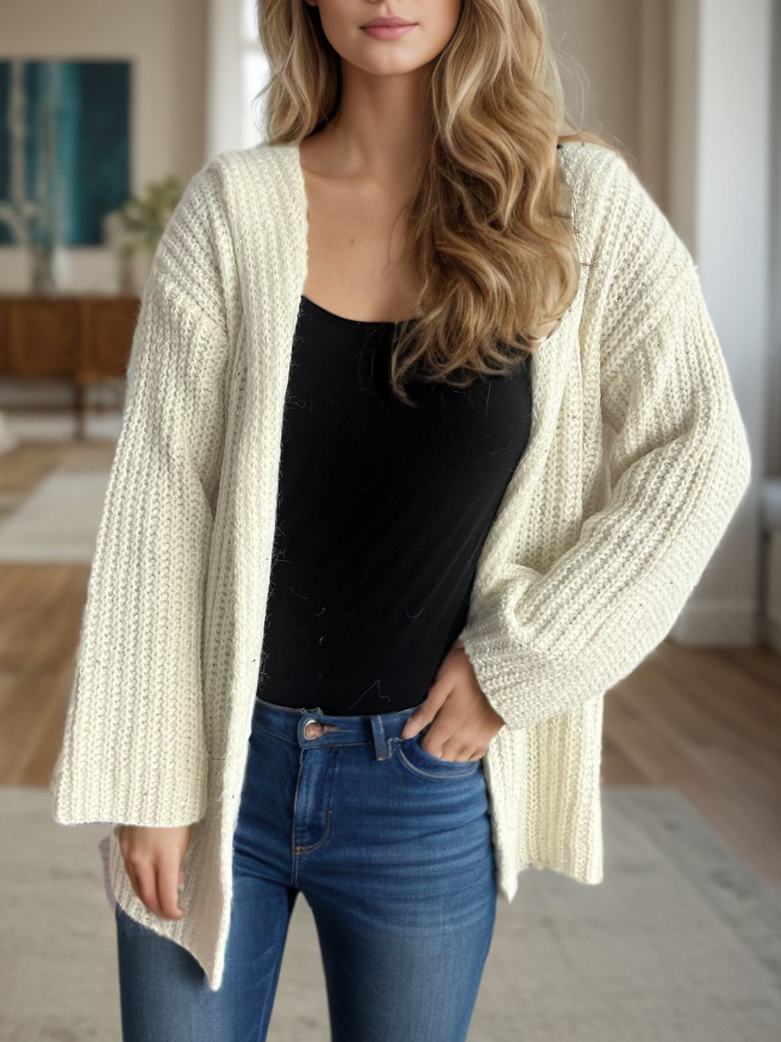 Sequin Detail Long Sleeve Hooded Cardigan-Angel Casuals