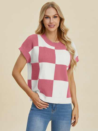 Double Take Full Size Checkered Round Neck Short Sleeve Sweater-Angel Casuals