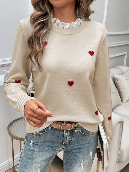 Devine Lace Detail Heart Long Sleeve Sweater-Angel Casuals