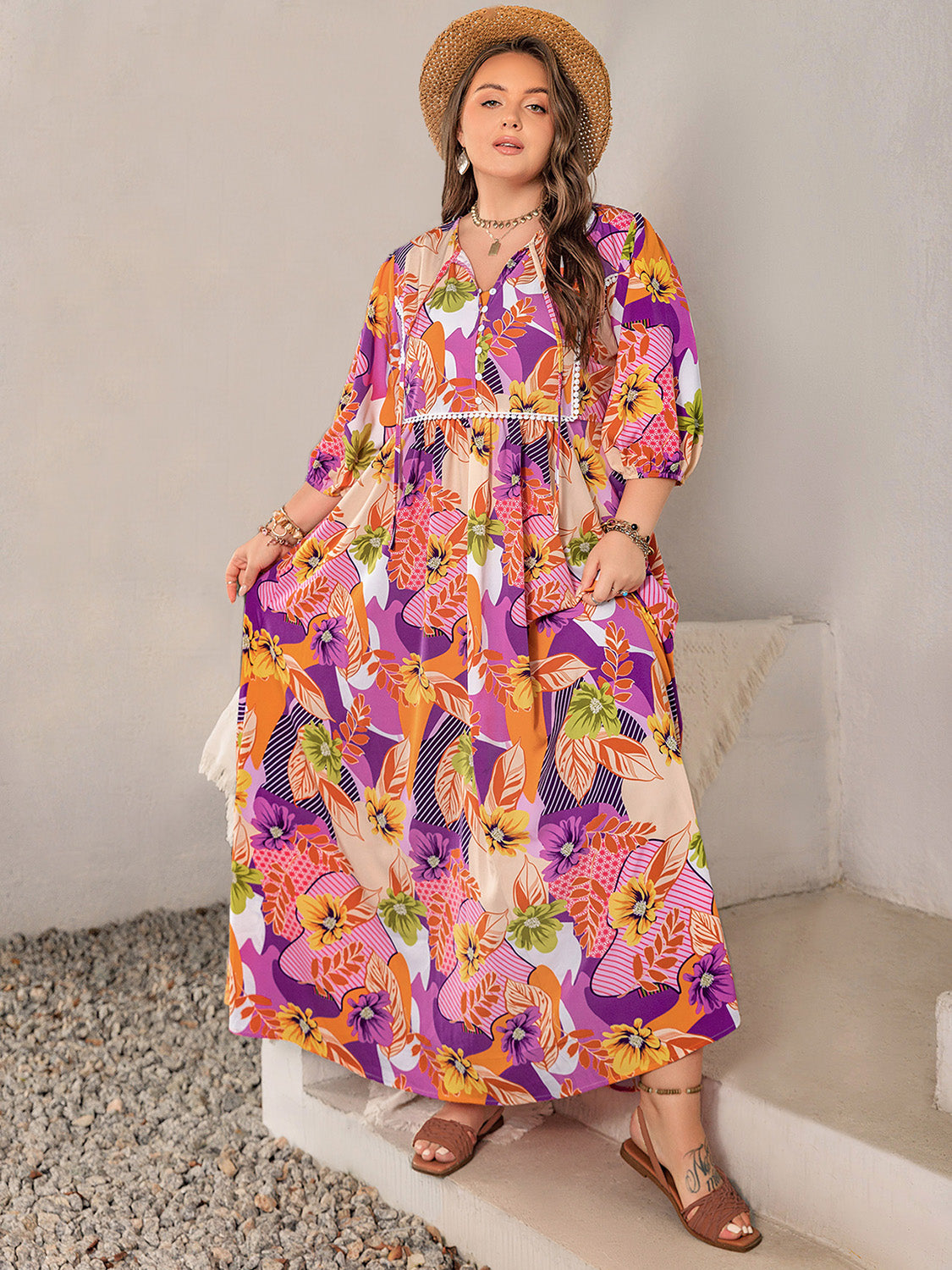 Plus Size Printed Tie Neck Maxi Dress-Angel Casuals