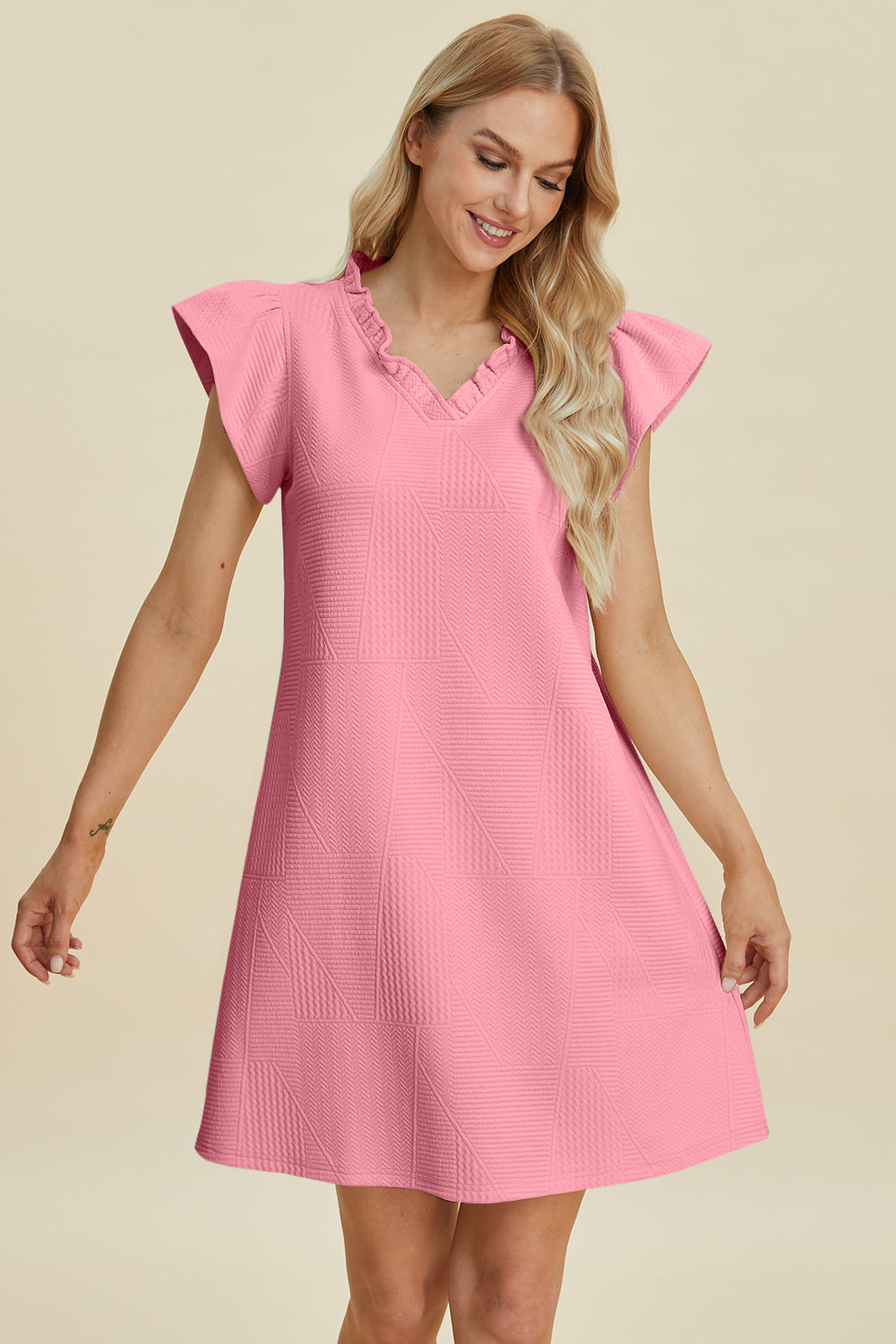 Double Take Full Size Ruffled V-Neck Cap Sleeve Dress-Angel Casuals