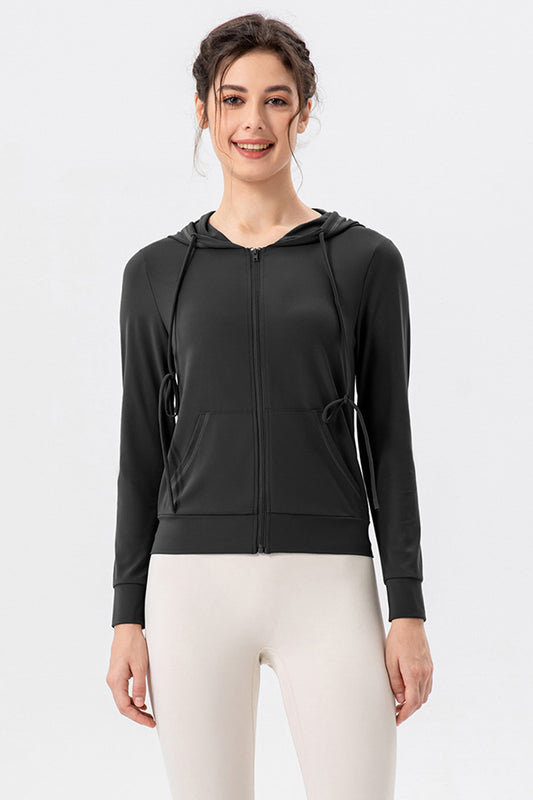 Drawstring Zip Up Hooded Active Outerwear-Angel Casuals