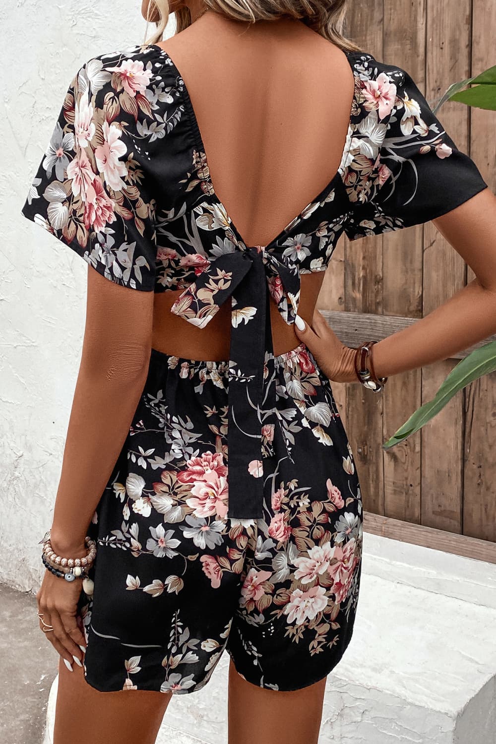 Floral Cutout Tie Back Romper-Angel Casuals