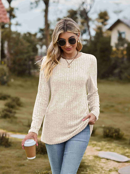 Ribbed Round Neck Long Sleeve Tee-Angel Casuals