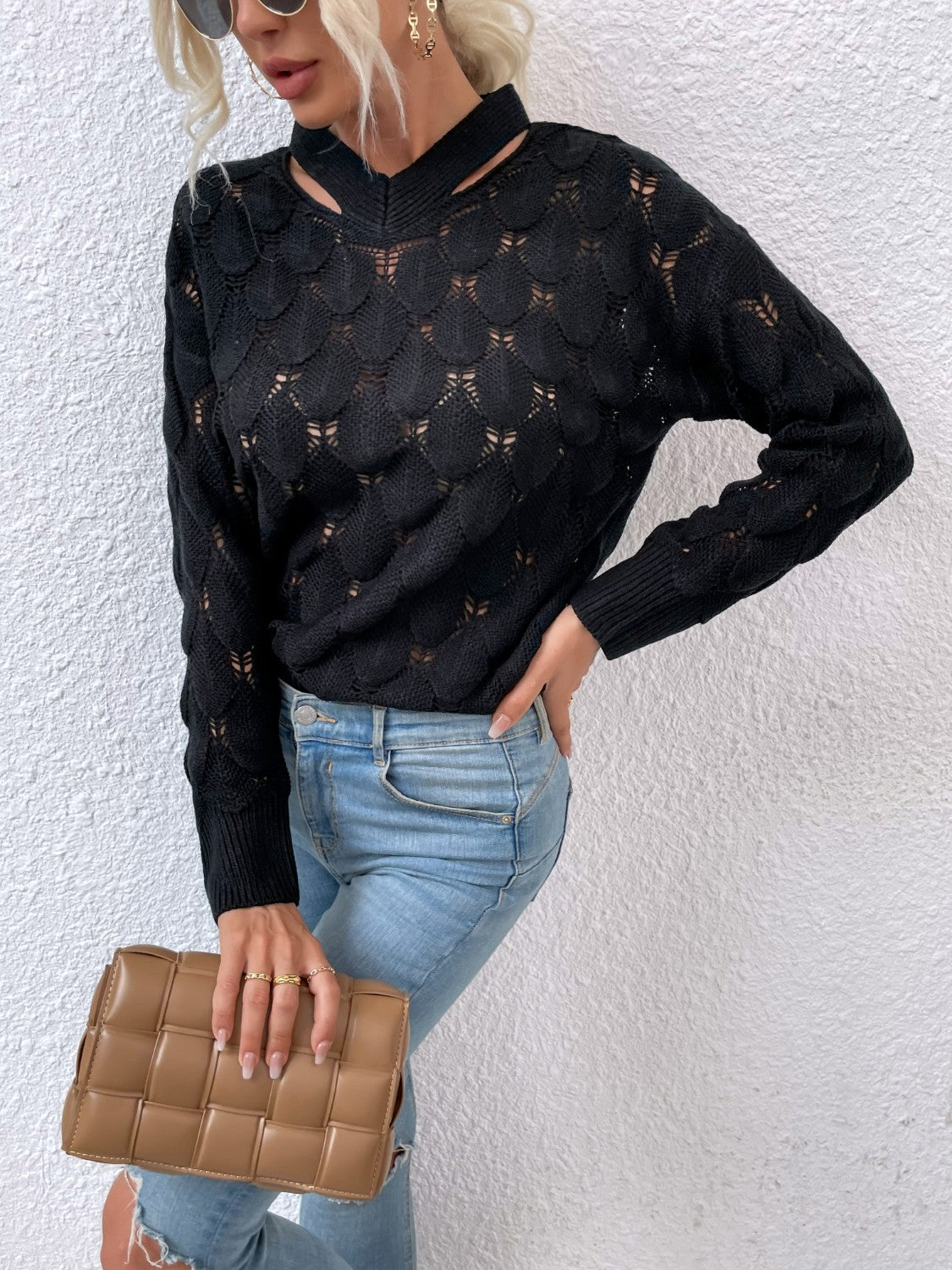 Openwork Cutout Dropped Shoulder Sweater-Angel Casuals