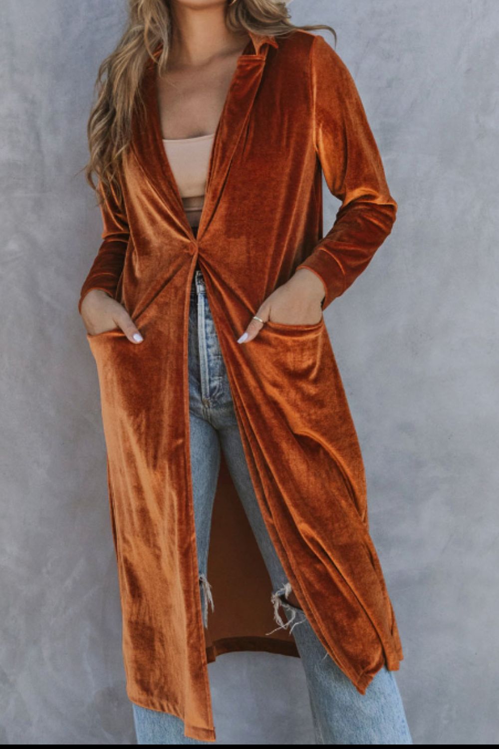 Collared Neck Longline Velvet Cardigan with Pockets-Angel Casuals