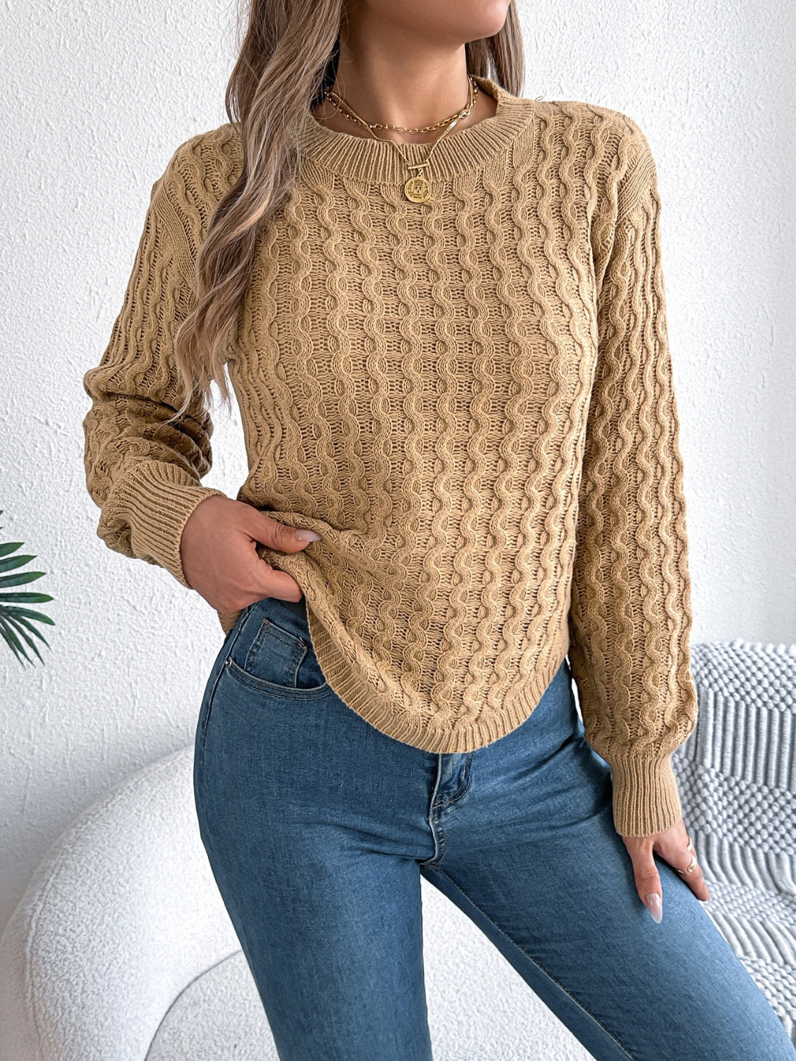 Asymmetric Hem Round Neck Long Sleeve Sweater-Angel Casuals