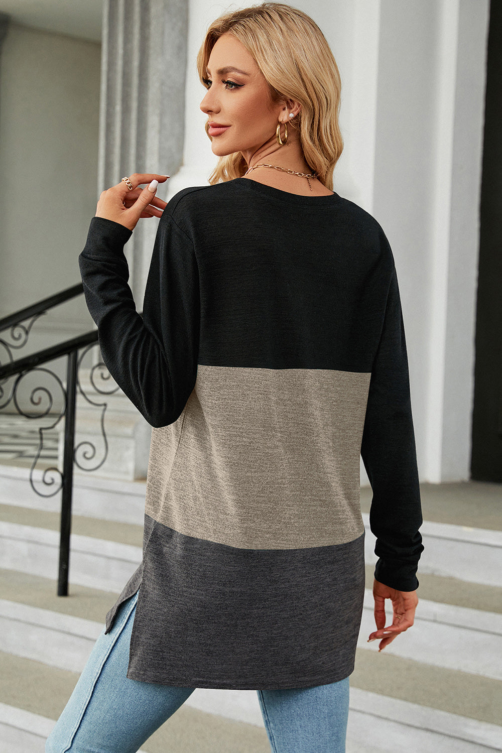 Color Block Round Neck Long Sleeve T-Shirt-Angel Casuals