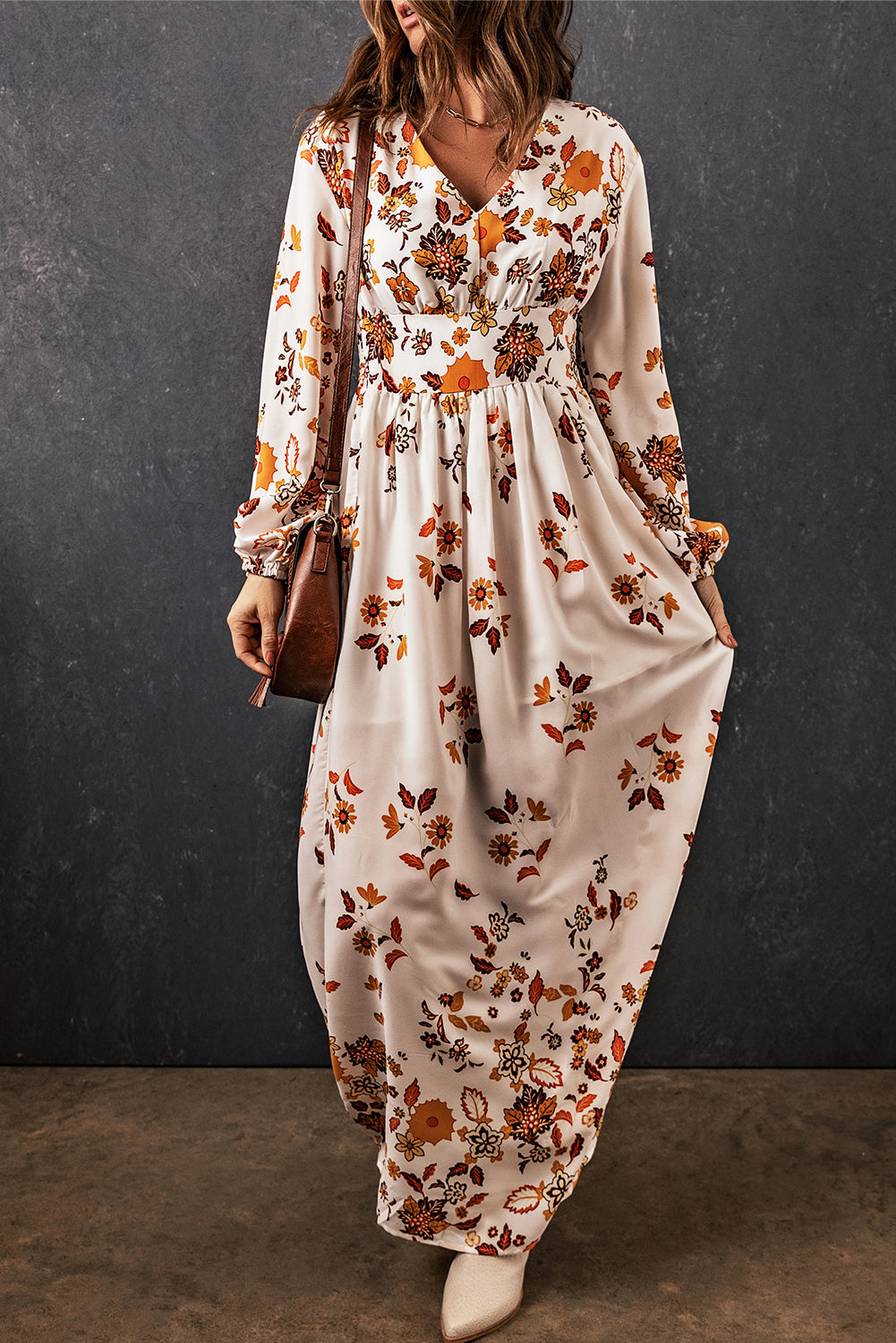 Floral V-Neck Long Sleeve Maxi Dress-Angel Casuals