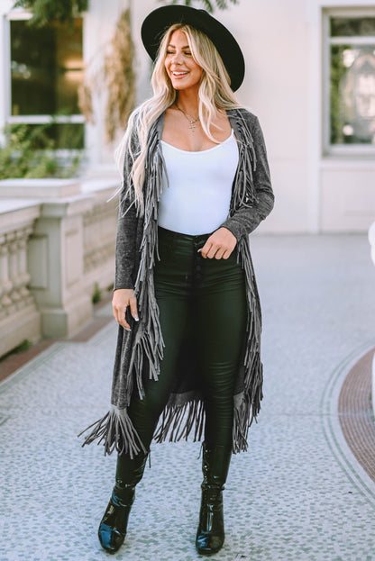 Fringe Detail Long Sleeve Cardigan-Angel Casuals