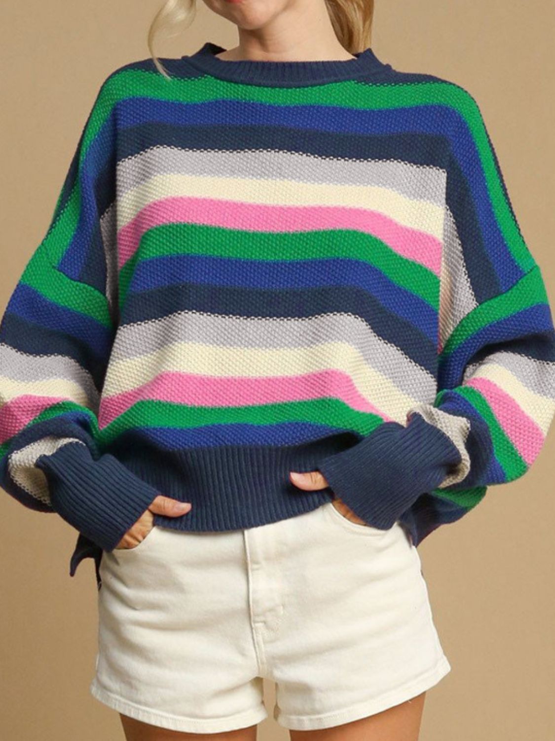 Contrast Striped Round Neck Long Sleeve Sweater-Angel Casuals