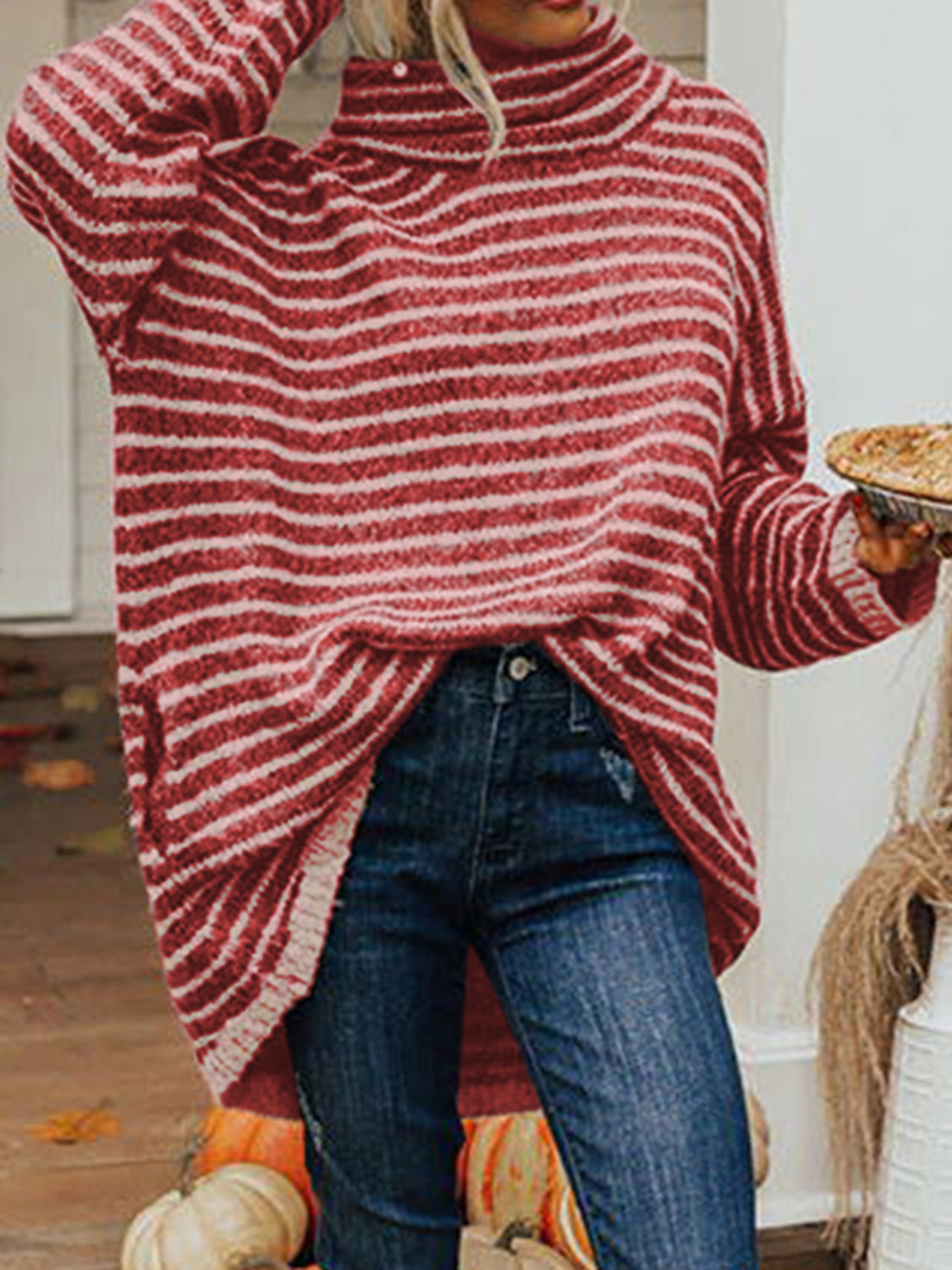 Striped Turtleneck Sweater with Pockets-Angel Casuals