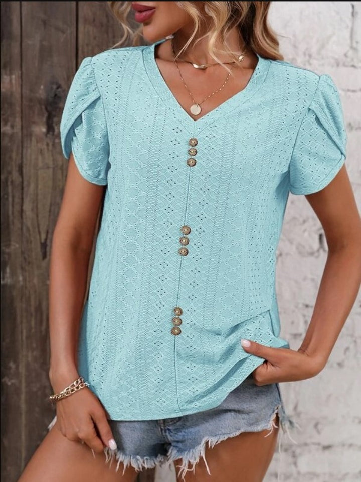 Eyelet V-Neck Petal Sleeve T-Shirt-Angel Casuals