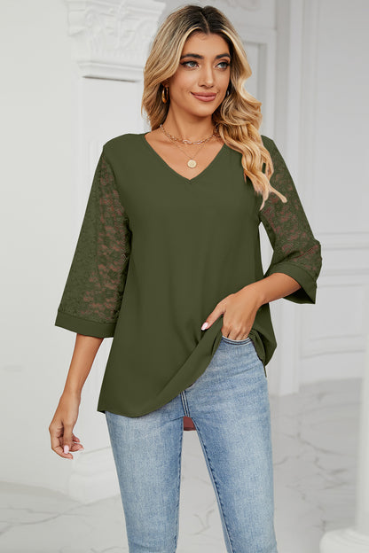 V-Neck Three-Quarter Sleeve Top-Angel Casuals