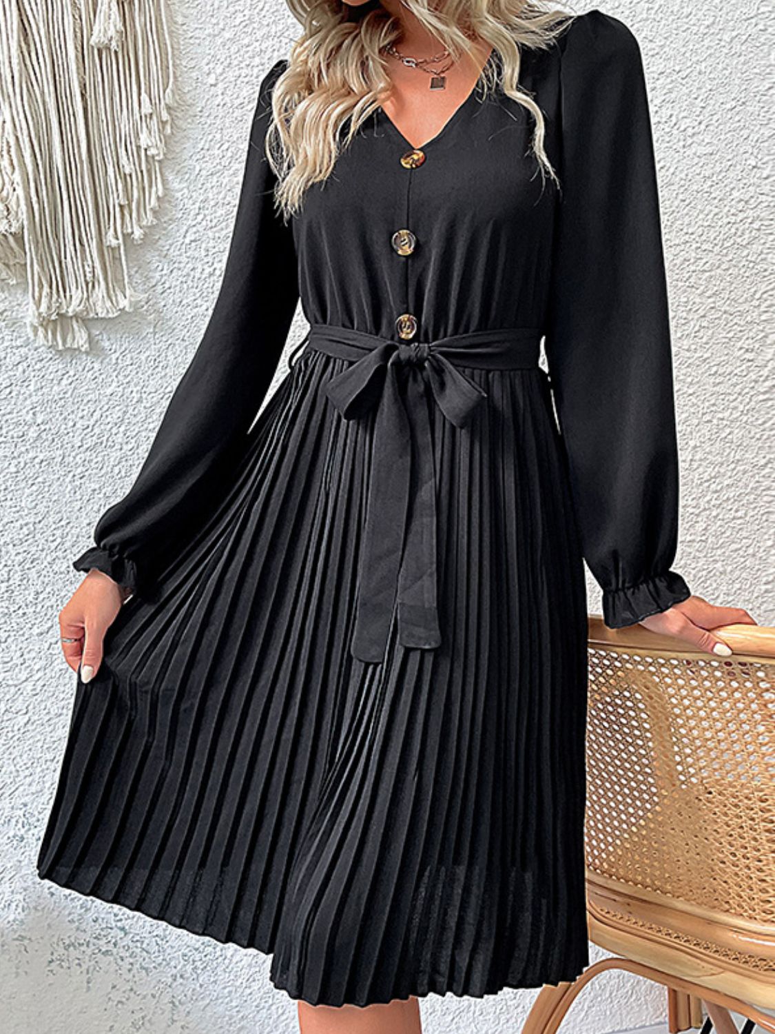 Decorative Button Belted Puff Sleeve Pleated Dress-Angel Casuals