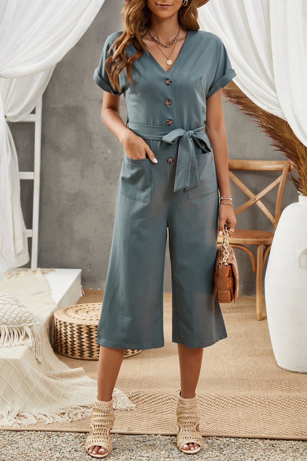 Tie-Waist Buttoned Cropped Jumpsuit-Angel Casuals