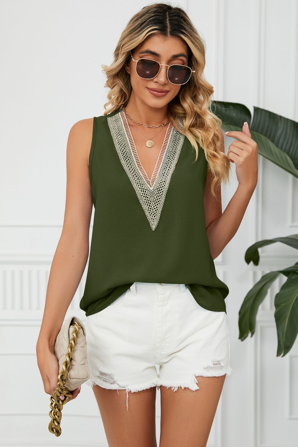 Contrast Trim Plunge Sleeveless Blouse-Angel Casuals