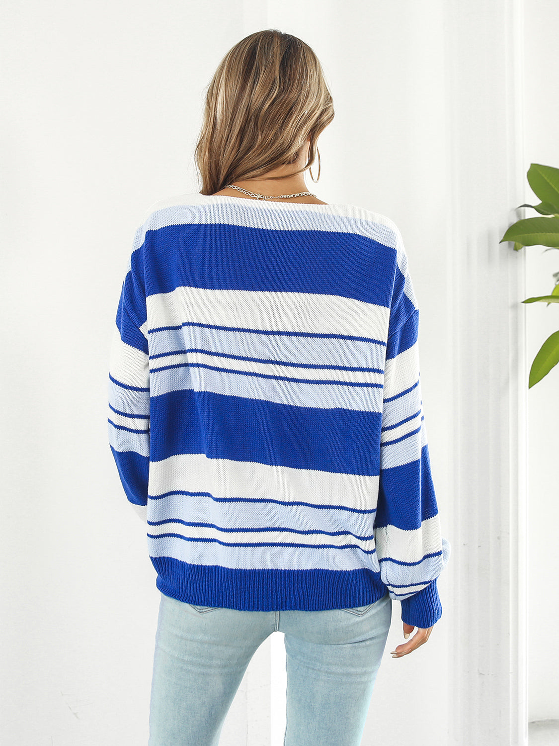 Striped V-Neck Long Sleeve Knit Top-Angel Casuals