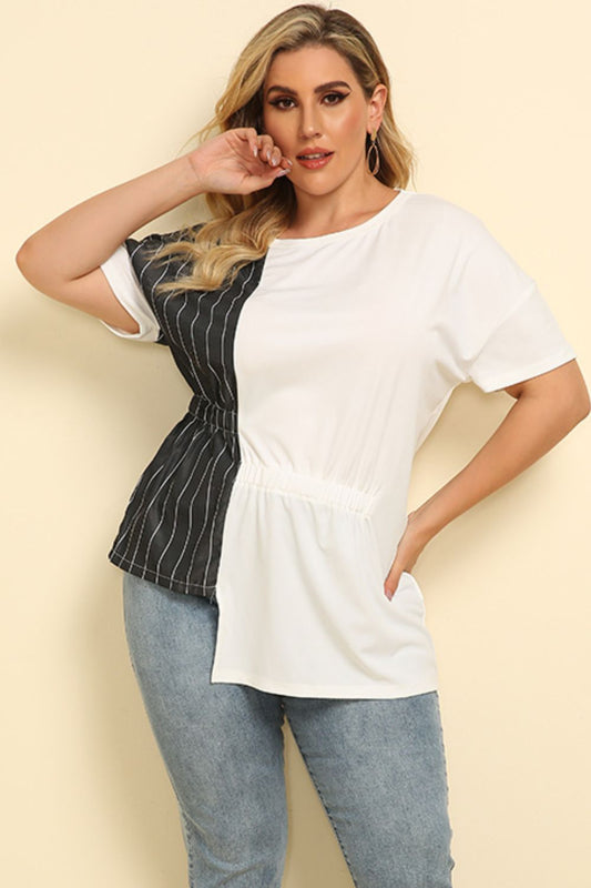 Plus Size Striped Color Block Asymmetrical T-Shirt-Angel Casuals