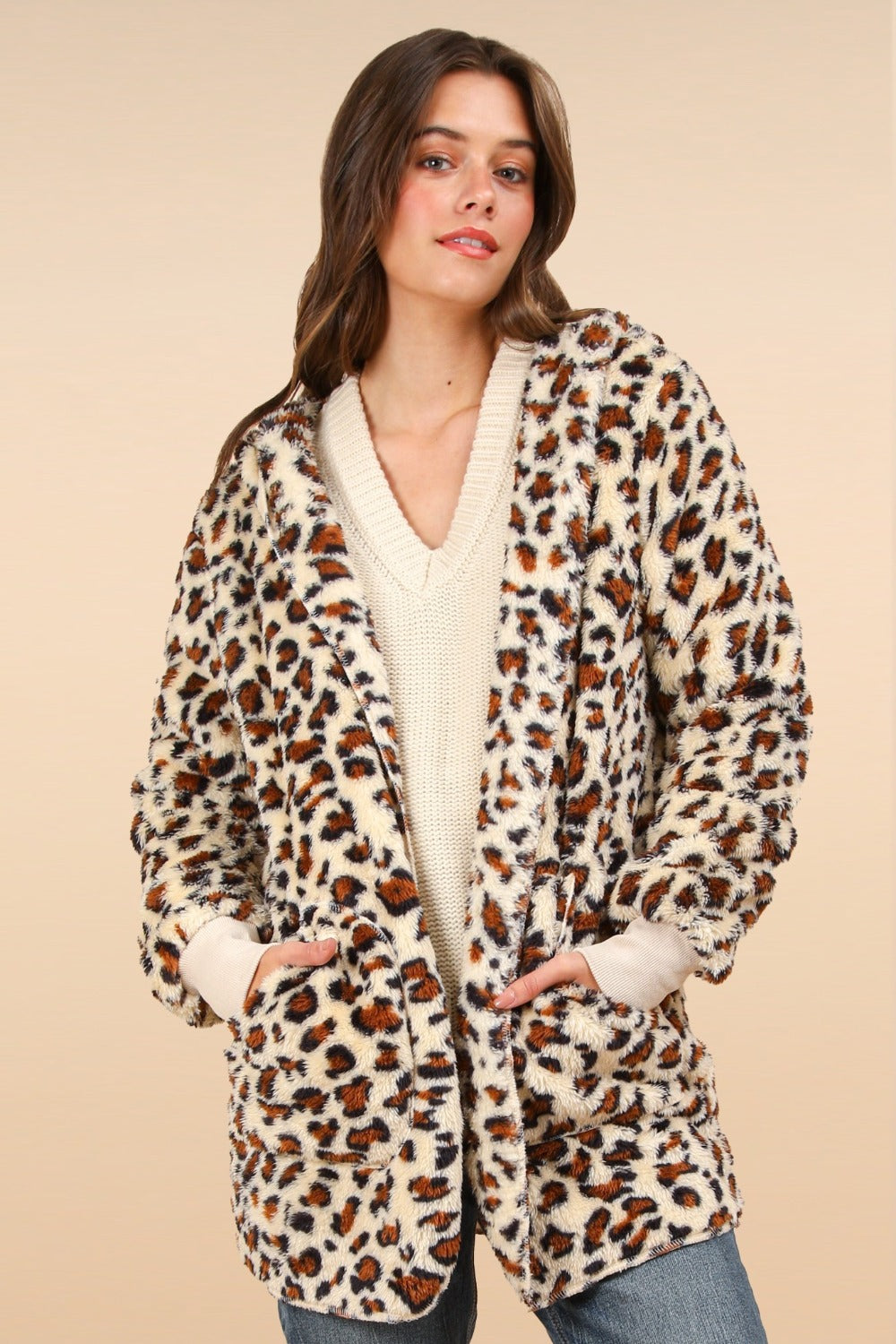 VERY J Fuzzy Leopard Long Sleeve Hooded Jacket-Angel Casuals