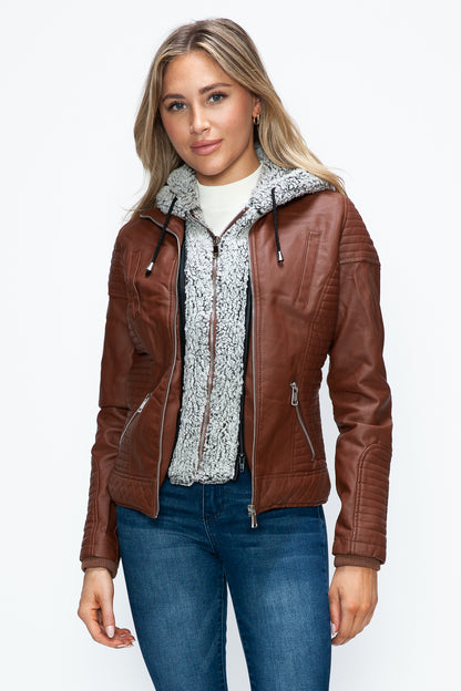 YMI Faux Layered Double-Zipper Jacket with Fuzzy Hood-Angel Casuals