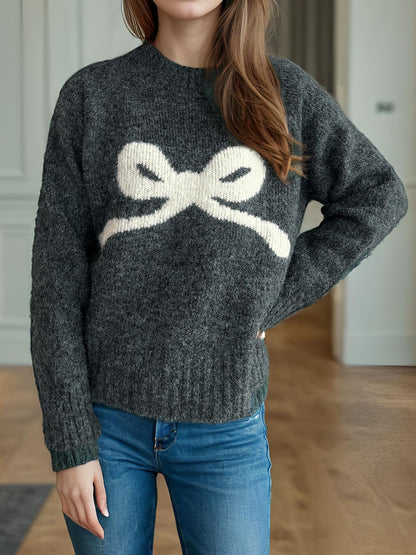 Bow Round Neck Long Sleeve Sweater-Angel Casuals