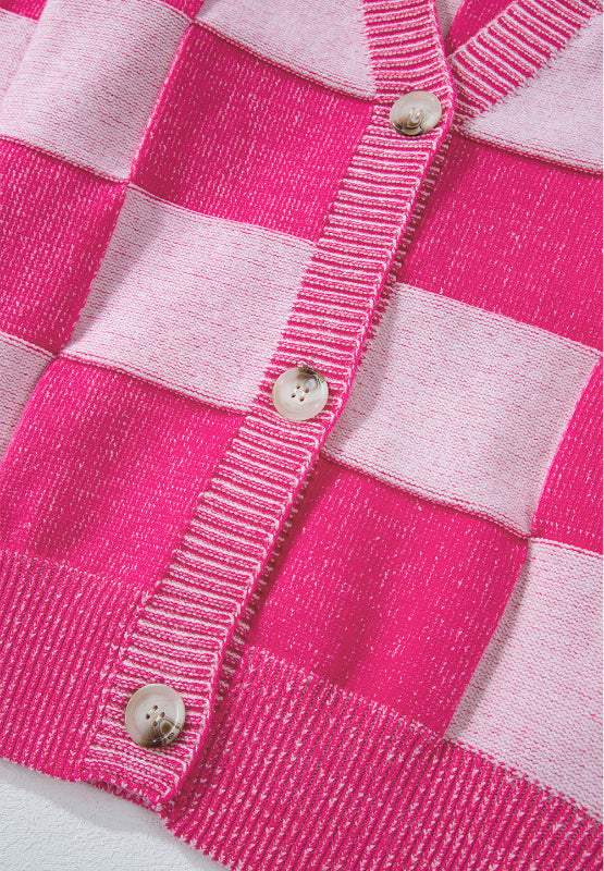 Checkered V-Neck Long Sleeve Cardigan-Angel Casuals