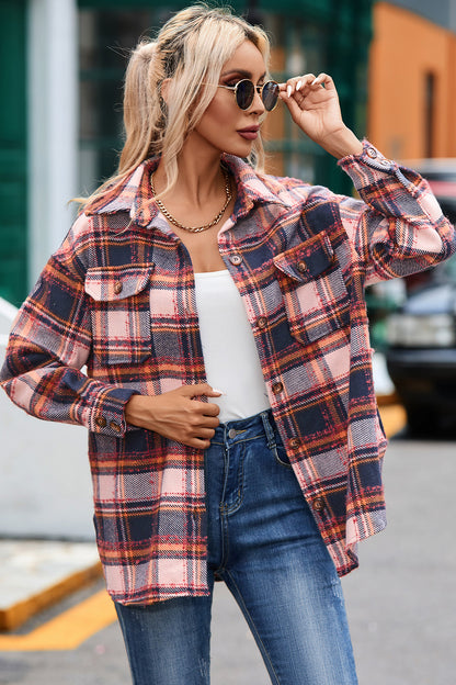 Plaid Dropped Shoulder Shirt Jacket-Angel Casuals