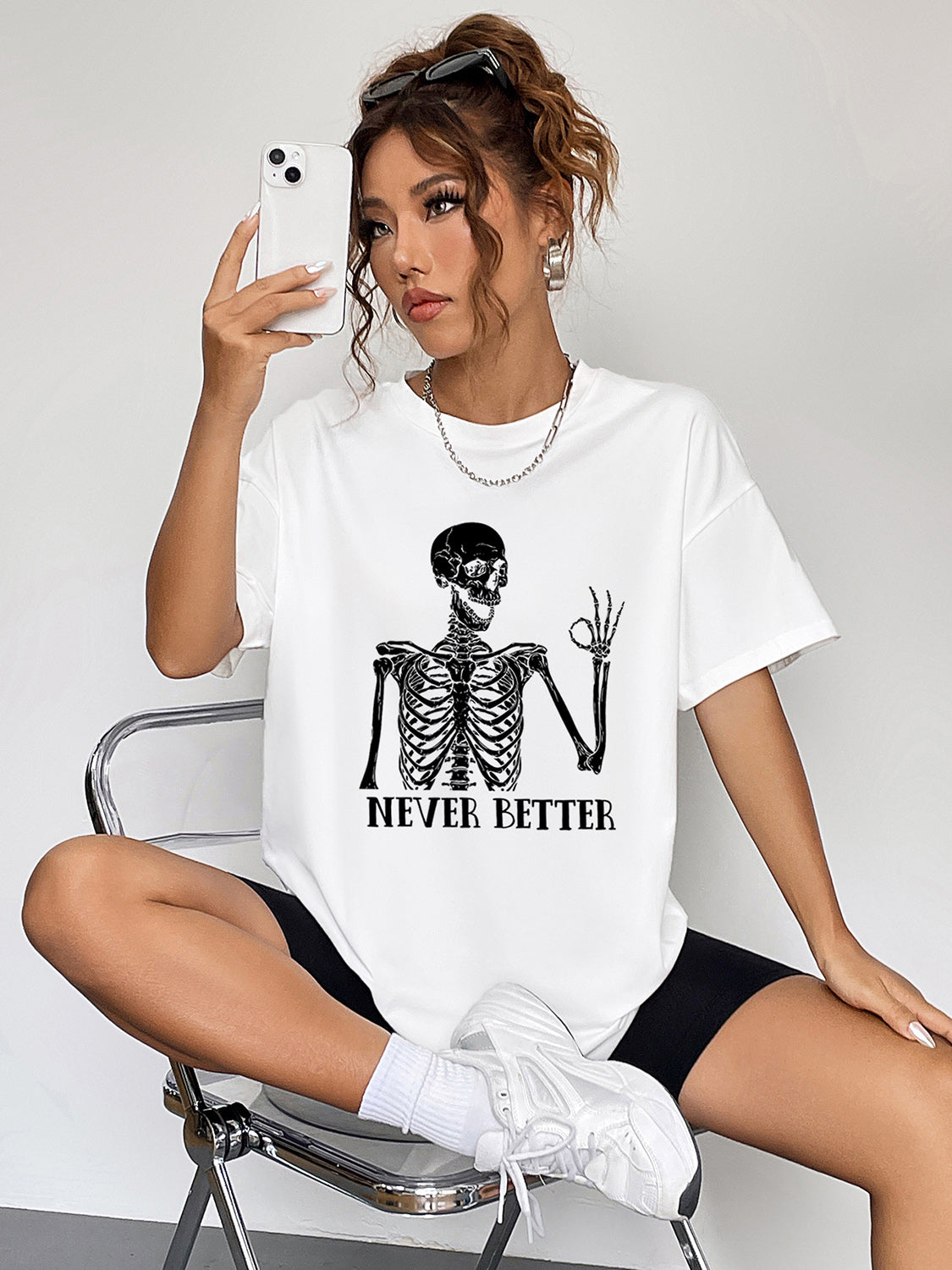 Round Neck Short Sleeve Never Better Graphic T-Shirt-Angel Casuals