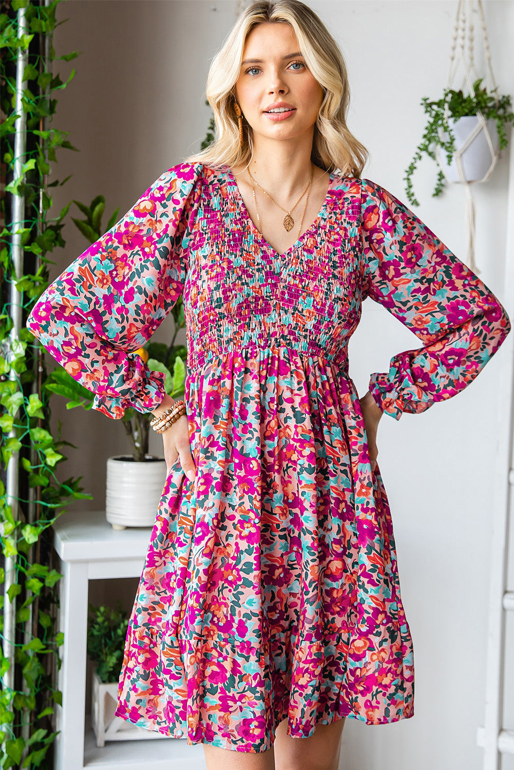 Floral Smocked V-Neck Flounce Sleeve Dress-Angel Casuals