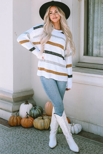 Striped Round Neck Dropped Shoulder Sweater-Angel Casuals