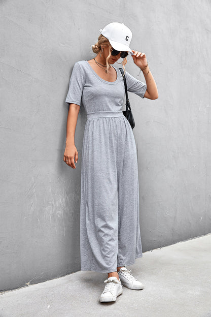 Scoop Neck Half Sleeve Wide Leg Jumpsuit-Angel Casuals