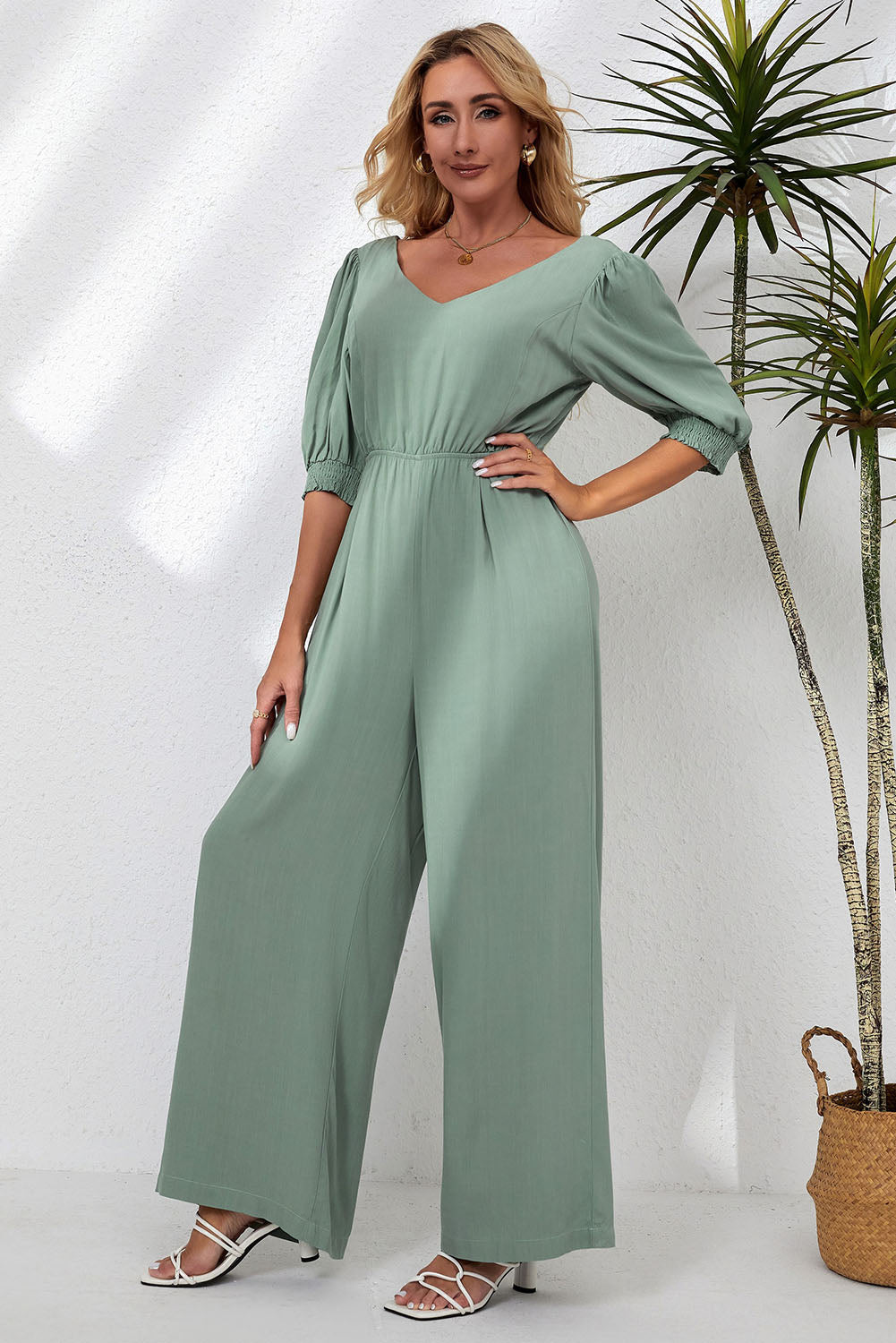 V-Neck Half Sleeve Jumpsuit-Angel Casuals