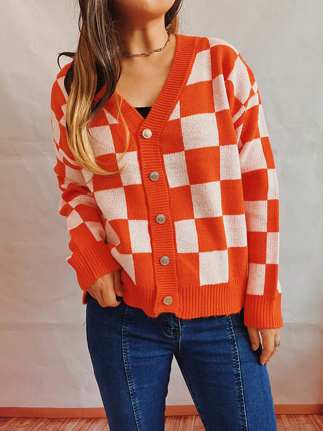 Checkered Open Front Button Up Cardigan-Angel Casuals