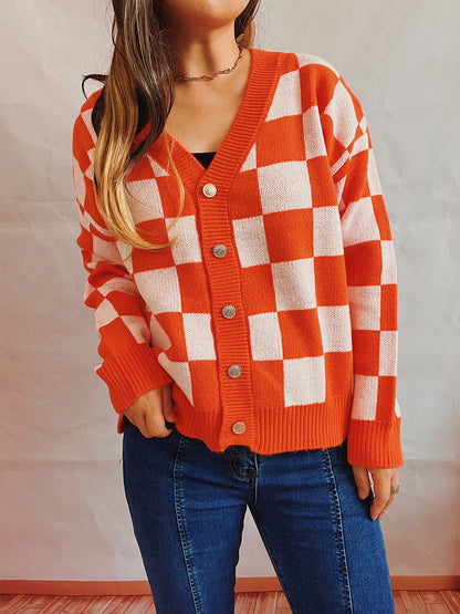 Checkered Open Front Button Up Cardigan-Angel Casuals