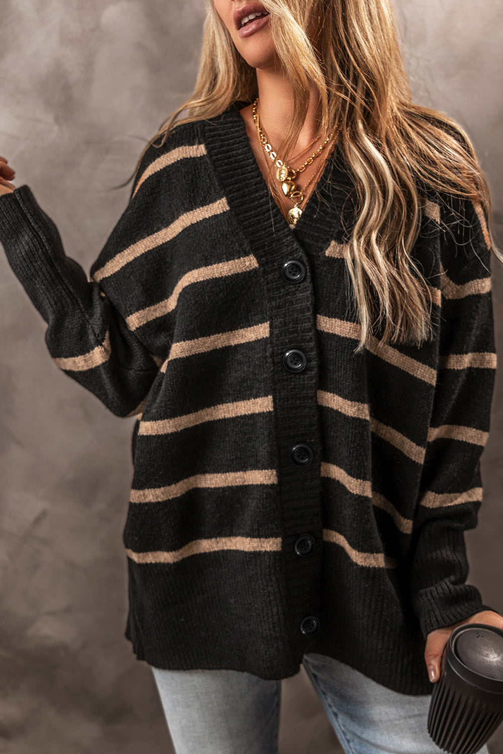 Striped Button Up Dropped Shoulder Cardigan-Angel Casuals