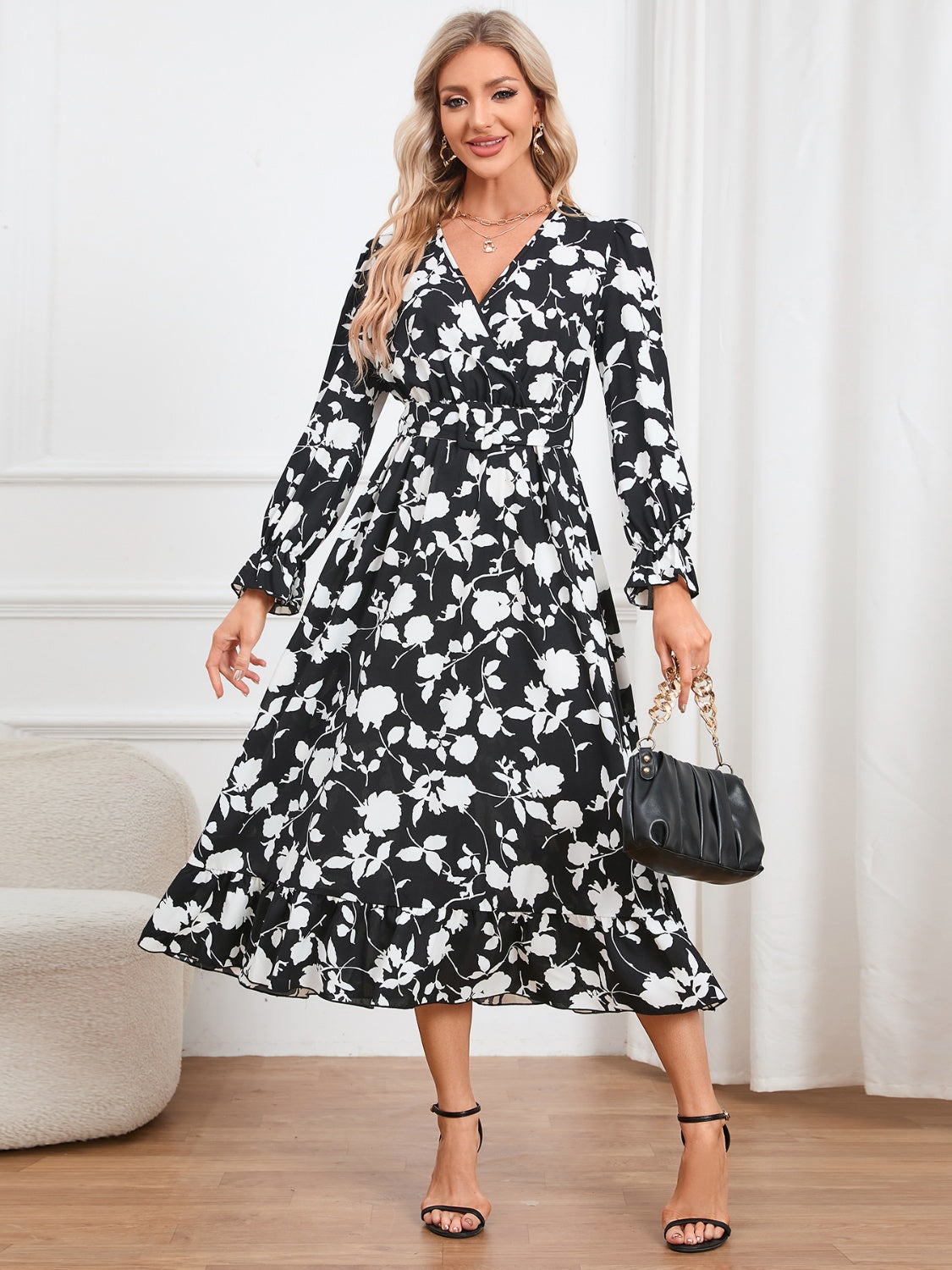 Floral Surplice Flounce Sleeve Ruffle Hem Dress-Angel Casuals